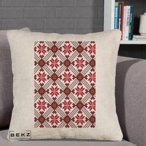Perna Personalizata Motiv Traditional Ie Romaneasca Rosu, 40x40 cm, Bej Canapea, Husa Detasabila, Perna Inclusa, BEKZ®