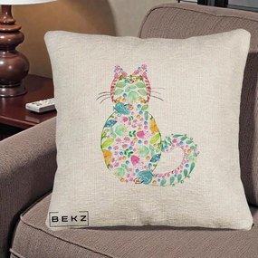 Perna Decorativa Pisica Florala Acuarela, 40x40 cm, Bej Canapea, Husa Detasabila, Perna Inclusa, BEKZ®