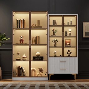 Set de Vitrine Moderne cu Iluminare LED și Rafturi Reglabile, potrivite pentru living, birou, din Sticlă, 80x40x160 cm + 70x35x150 cm, Alb