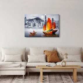 Tablou - Victoria Harbour, Hong Kong, pictură în ulei alb- negru (90x60 cm)