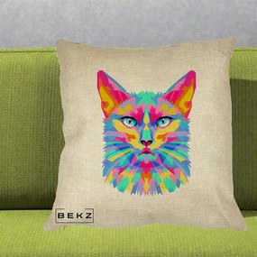 Perna Decorativa Pisica Pop Art Multicolor, 40x40 cm, Crem, Husa Detasabila, Perna Inclusa, BEKZ®