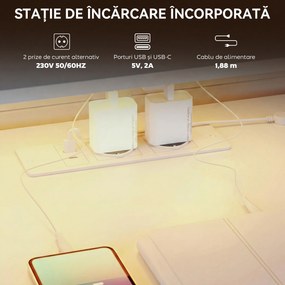 HOMCOM Birou Gaming cu Suport CPU Reglabil Reversibil și LED, 147x47 cm, Stație de Încărcare, Suport Monitor, 3 Sertare din Material Textil, pentru Acasă, Birou sau Studio, Alb | Aosom Romania