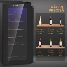 HOMCOM Frigider pentru Vinuri, Frigider de Vin cu Control al Temperaturii, Ecran Tactil Digital și Lumină LED, 18 Sticle, 34.5x45x78 cm, Negru