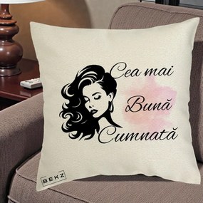 Cadou pentru Cumnata - Perna Personalizata Cea mai Buna Cumnata cu Silueta Dama si Pete Roz, 40x40 cm, Ecru, Husa Detasabila, Perna Inclusa, BEKZ®