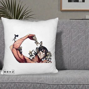 Perna Personalizata Attack on Titan Eren Titan Grup, 40x40 cm, Alb Pufos, Husa Detasabila, Perna Inclusa, BEKZ®