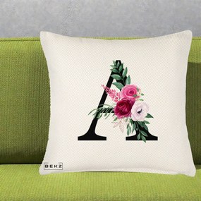 Cadou Personalizat - Perna Personalizata Monograma Florala Litera A, 40x40 cm, Crem Reliefat, Husa Detasabila, Perna Inclusa, BEKZ®