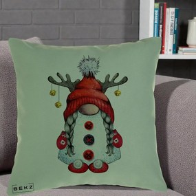 Perna Decorativa Pitic Gnom Craciun cu Coarne de Ren, 40x40 cm, Verde, Husa Detasabila, Perna Inclusa, BEKZ®