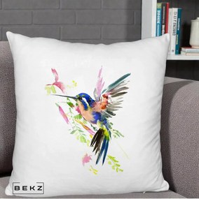 Perna Decorativa Colibri Acuarela, 40x40 cm, Alb Pufos, Husa Detasabila, Perna Inclusa, BEKZ®