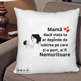 Cadou pentru Mama - Perna Personalizata Mama Nemuritoare Imbratisare Copil, 40x40 cm, Alb Pufos, Husa Detasabila, Perna Inclusa, BEKZ®