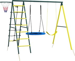 Outsunny Leagăn pentru copii 4 în 1 cu Leagăn tip Cuib și individual Plasă de cățărat Coș de baschet Scară Galben | Aosom Romania