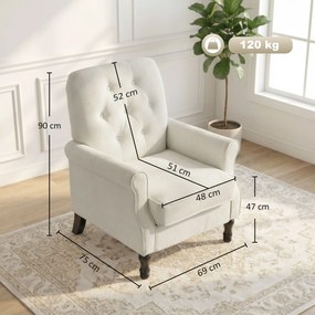 HOMCOM Fotoliu de salon, canapea 1 loc cu șezut căptușit gros, pernă cu arcuri, țesătură tip in, 69x75x90cm, crem | Aosom Romania
