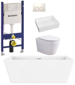 Set cada freestanding, lavoar cu ventil, vas wc rimless cu capac soft close, rezervor incastrat cu clapeta