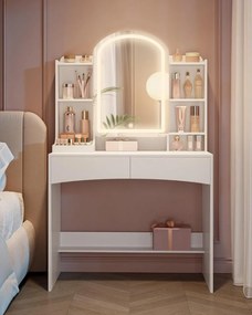 Masuta machiaj cu Oglinda LED si 2 Sertare pentru Cosmetice, Set Masa toaleta 90 cm, Alb, masuta cosmetica, vanity - SEA910