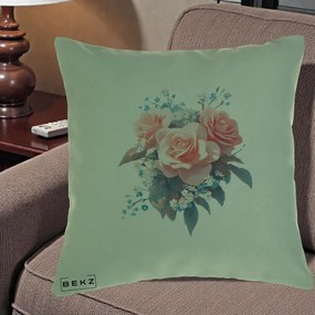 Perna Decorativa Trandafiri Roz cu Floricele Albastre, 40x40 cm, Verde, Husa Detasabila, Perna Inclusa, BEKZ®