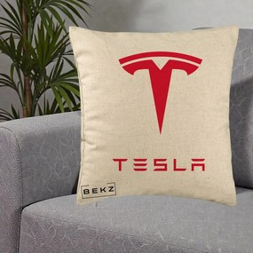 Perna Personalizata cu emblema Tesla, 40x40 cm, Bej, Husa Detasabila, Perna Inclusa, BEKZ®