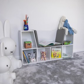 Bibliotecă pentru copii cu scaune, alb/gri, FERIA