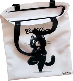 Sacosa de Panza pentru Cumparaturi, Geanta Tote, Yoga Cat, Cu fermoar, 38x34.5 cm, Alba, BEKZ®