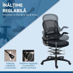 Vinsetto Scaun de Birou Ergonomic, Scaun Rotativ din Plasă, Reglabil pe Înălțime cu Suport pentru Picioare și Cotiere Rabatabile, Capacitate 120kg, Negru | Aosom Romania