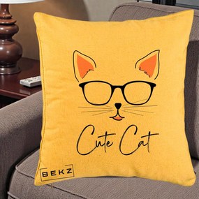 Perna Personalizata Cute Cat cu Ochelari, 40x40 cm, Galben, Husa Detasabila, Perna Inclusa, BEKZ®