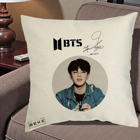 Perna Personalizata K-pop BTS Jimin Portret Cerc Autograf Geaca, 40x40 cm, Ecru, Husa Detasabila, Perna Inclusa, BEKZ®