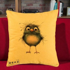 Perna Decorativa Pui Negru Zbarlit cu Pene Fine, 40x40 cm, Galben, Husa Detasabila, Perna Inclusa, BEKZ®