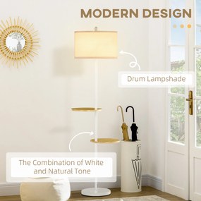 HOMCOM Lampa de podea cu 2 rafturi, Lampa de podea din metal si lemn cu abajur din material, Ø40x163cm, alb | AOSOM RO