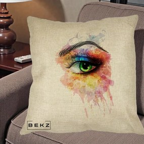 Perna Decorativa Ochi Verde Acuarela, 40x40 cm, Crem, Husa Detasabila, Perna Inclusa, BEKZ®