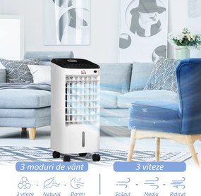 HOMCOM Răcitor Evaporativ 3-în-1, Ventilator, Umidificator cu Gheață și Dezumidificator, 3 Viteze, 3 Moduri și Telecomandă, Timer 12 Ore, 65W din ABS, 24.5x27x60 cm, Alb | Aosom Romania