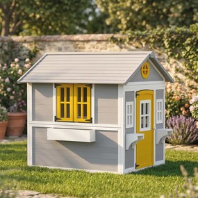 Outsunny Căsuță pentru Copii din Lemn, Exterior și Interior, cu Ușă, Ferestre, Jardiniere și Suporturi pentru Flori, Gri | Aosom Romania