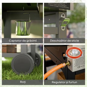 Outsunny Grătar pe Gaz cu Plită și Arzător, Capac cu Termometru Negru | Aosom Romania