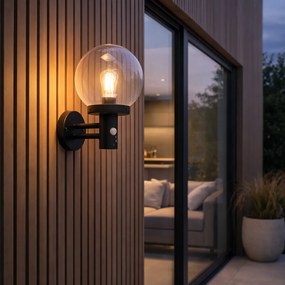 Lampă de perete de exterior neagră cu abajur transparent, cu detector de mișcare - Sfera