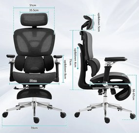 METACHAIR DORO Scaun ergonomic, cotiere 6D, suport lombar dinamic, spătar reglabil înălțime, tetieră 2D, suport picioare, mecanism multifunctional inclinare/blocare, pivotant, Mesh, Negru