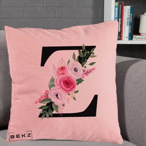 Cadou Personalizat - Perna Personalizata Monograma Florala Litera Z cu Buchet, 40x40 cm, Roz, Husa Detasabila, Perna Inclusa, BEKZ®