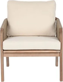 Set lounge exterior premium din lemn de acacia cu frânghie împletită, canapea, 2 fotolii și măsuță cu perne din stofă, „Capri”