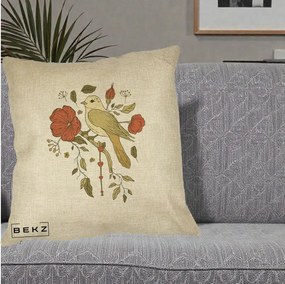 Perna Decorativa Pasare pe Ramura cu Maci, 40x40 cm, Crem, Husa Detasabila, Perna Inclusa, BEKZ®