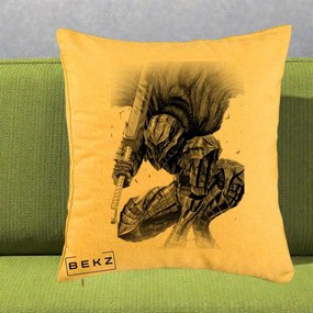 Perna Personalizata Berserk Guts Armor of Darkness Manga, 40x40 cm, Galben, Husa Detasabila, Perna Inclusa, BEKZ®
