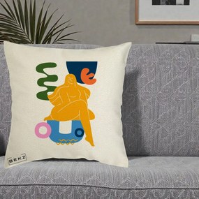 Perna Decorativa Femeie Relaxata Abstract, 40x40 cm, Ecru, Husa Detasabila, Perna Inclusa, BEKZ®