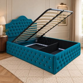 Pat tapițat Chesterfield din catifea Imperio Deluxe 140×200 cm, turcoaz, cu ladă de depozitare