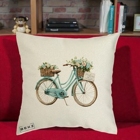 Perna Decorativa Bicicleta Teal cu Cosuri Duble de Flori Vintage, 40x40 cm, Ecru, Husa Detasabila, Perna Inclusa, BEKZ®