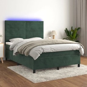 Pat cu arcuri, saltea si LED, verde inchis, 140x190 cm, catifea Verde inchis, 140 x 190 cm, Benzi orizontale