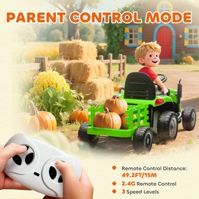 AIYAPLAY Tractor Electric 2 în 1 pentru Copii 3-8 Ani 12V cu Remorcă Detașabilă, Mașină Electrică pentru Copii cu Telecomandă, Centură de Siguranță, Muzică, Lumini LED și Claxon, Verde | Aosom Romania