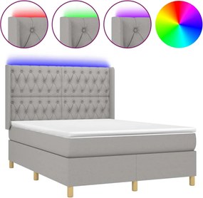 vidaXL Pat cu arcuri, saltea și LED, gri deschis, 140x190 cm, textil