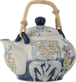 Ceainic din ceramică, cu motiv floral albastru pictat manual și mâner din bambus, cu infuzor, „Myah", 15 x 15 cm