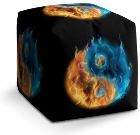 Taburet Cube yin și yang în flăcări, negru
