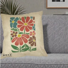 Perna Decorativa Flori Grafice Colorate Retro, 40x40 cm, Crem, Husa Detasabila, Perna Inclusa, BEKZ®