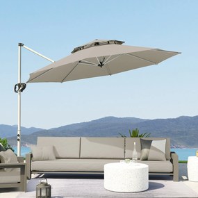 Outsunny Umbrelă suspendată 3 x 2,5 m cu manivelă, bază în formă de cruce, inclinabilă și rotativă la 360°, dublu acoperiș, gri | Aosom Romania