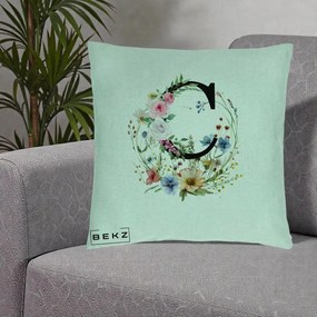 Cadou Personalizat - Perna Personalizata Monogram Litera C cu Flori Acuarela, 40x40 cm, Verde Menta, Husa Detasabila, Perna Inclusa, BEKZ®