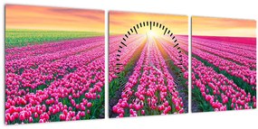 Tablou cu câmp de lalele cu soare (cu ceas) (90x30 cm)