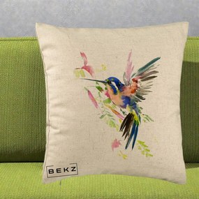 Perna Decorativa Colibri Acuarela, 40x40 cm, Bej, Husa Detasabila, Perna Inclusa, BEKZ®