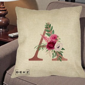 Cadou Personalizat - Perna Personalizata Monograma Rose Gold Litera A, 40x40 cm, Crem, Husa Detasabila, Perna Inclusa, BEKZ®